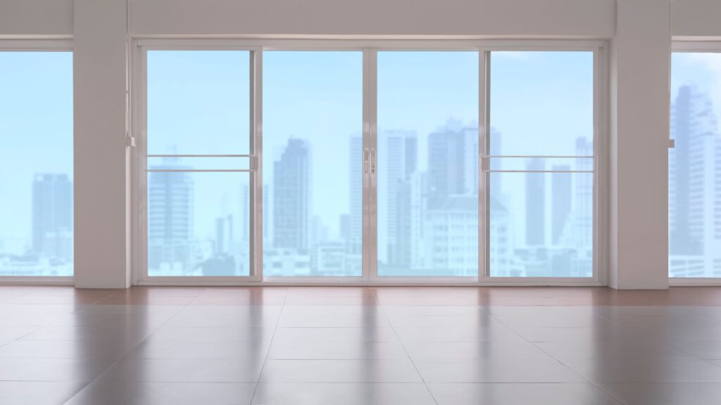 large room with sliding doors